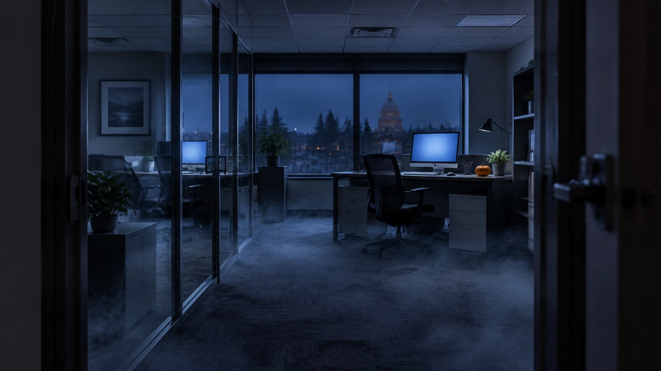 Dark empty office at dusk with fog on the floor