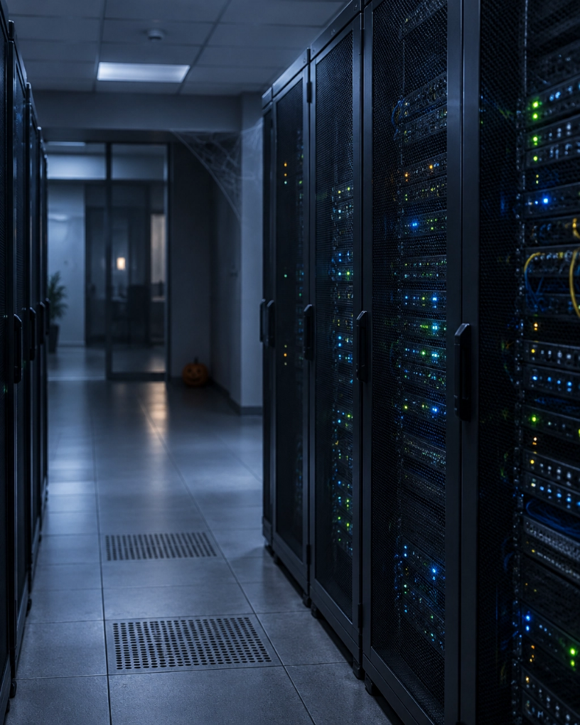 Server room aisle lined with racks of blinking network lights