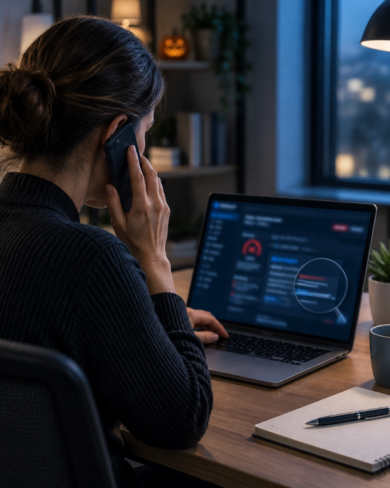 Woman on the phone at a desk reviewing a security dashboard