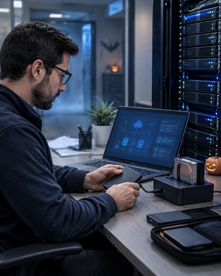 Technician at a laptop beside a server rack and backup drives
